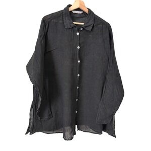Luna Luz Black Linen Button Down Shirt Women Size Small Long Sleeve Lagenlook